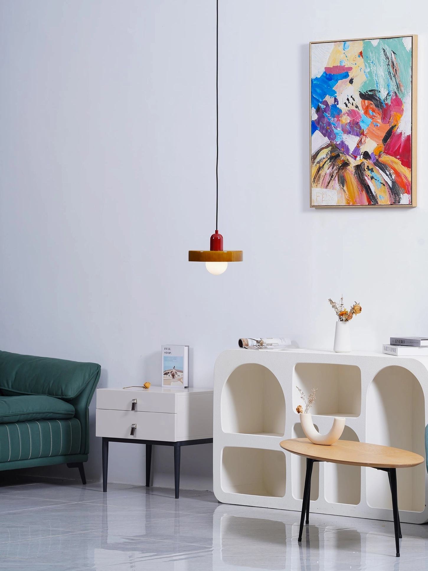 Disc Orb Pendant Light red finish dramatic interior glow