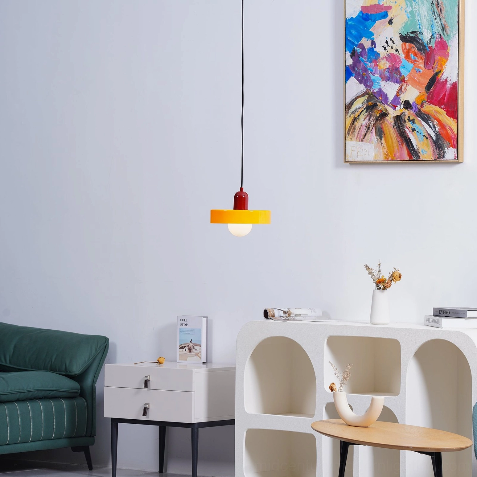Disc Orb Pendant Light red variant eclectic space design