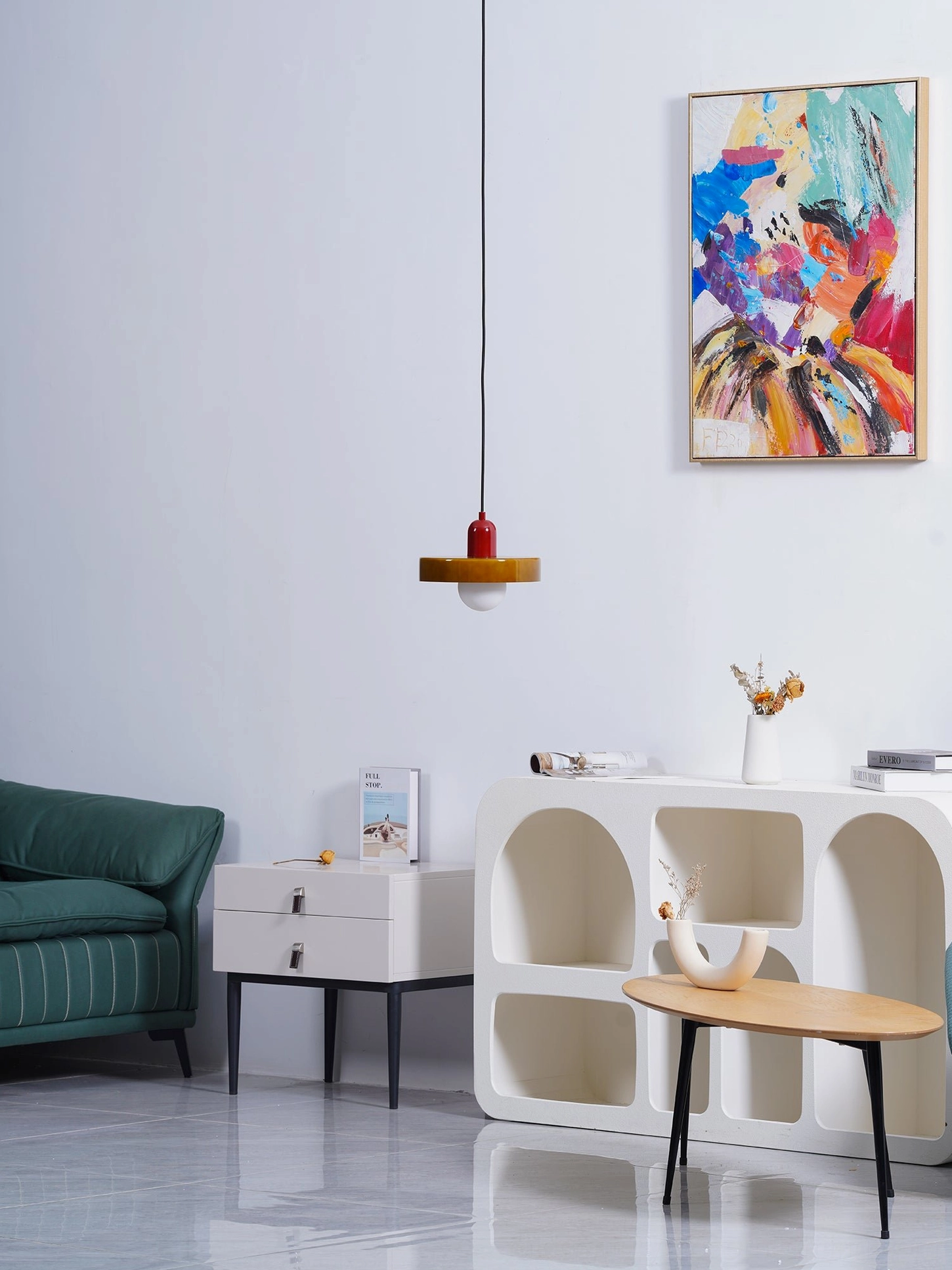 Disc Orb Pendant Light red variant illuminated warm light