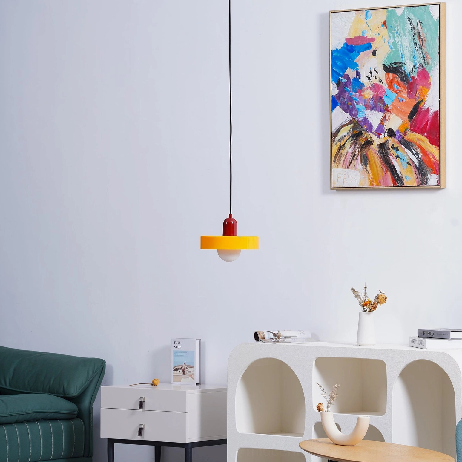 Disc Orb Pendant Light red variant retro inspired interior
