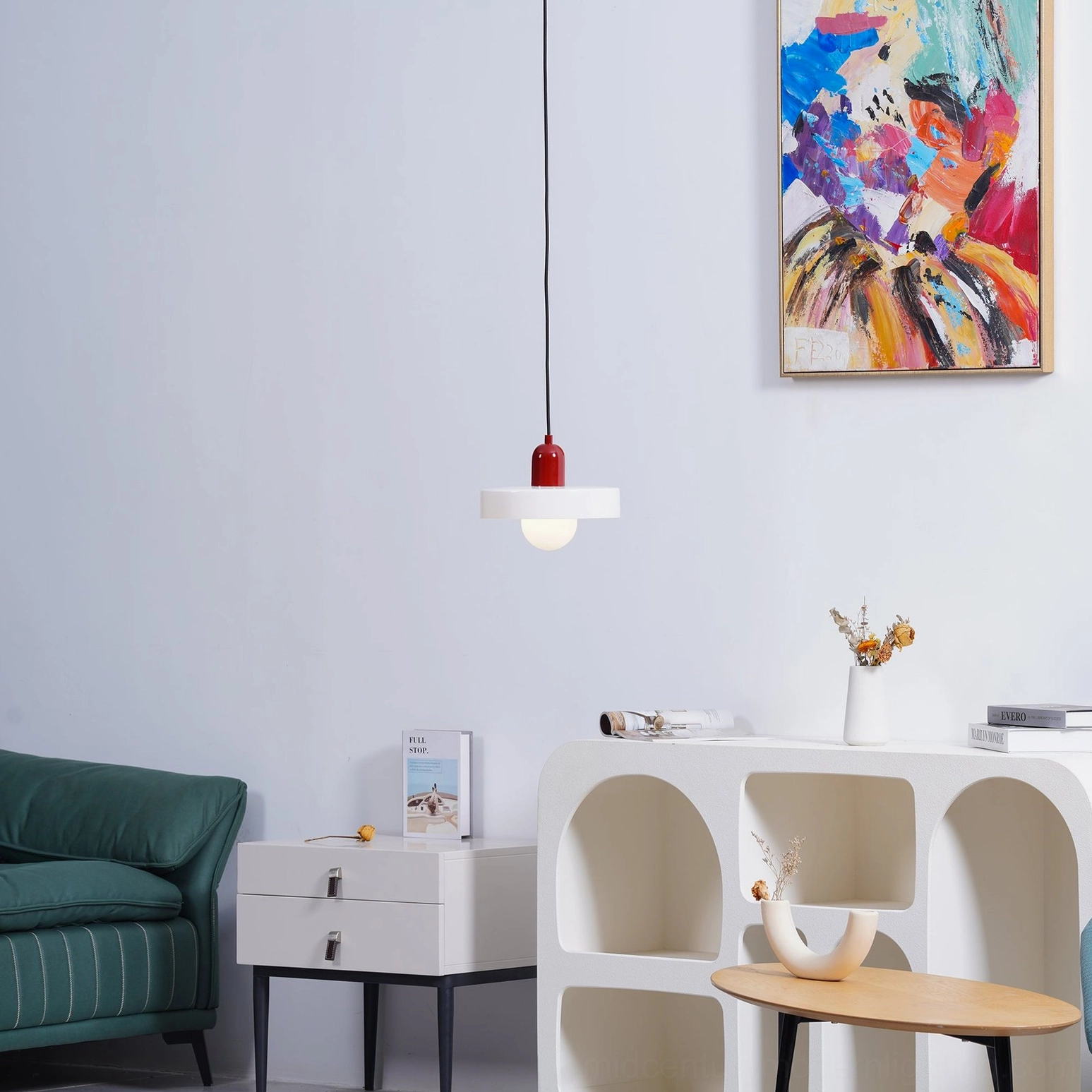 Disc Orb Pendant Light red variant statement color bold