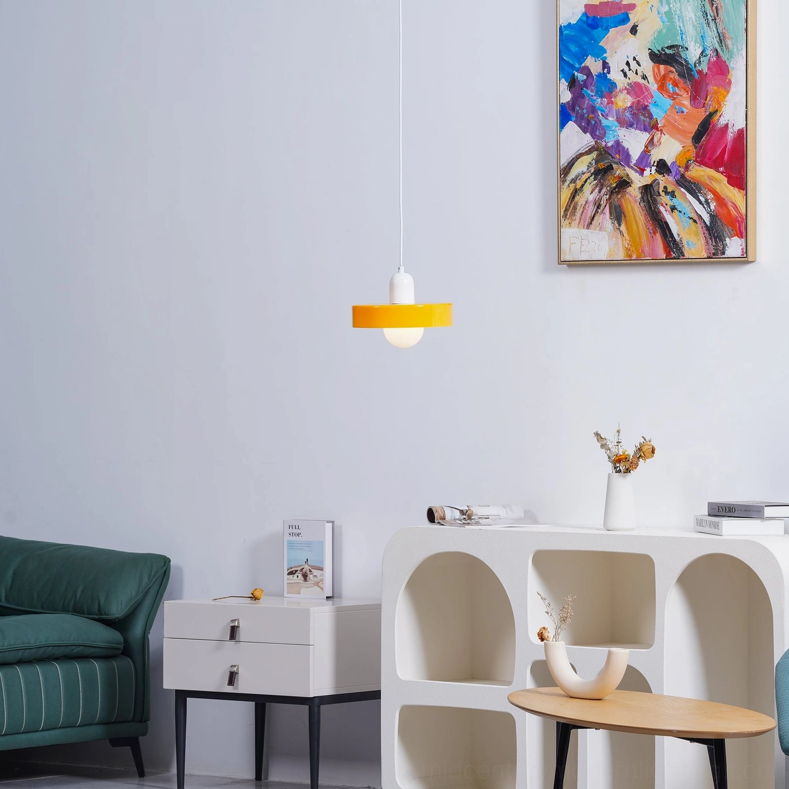 Disc Orb Pendant Light white finish soft ambient glow interior