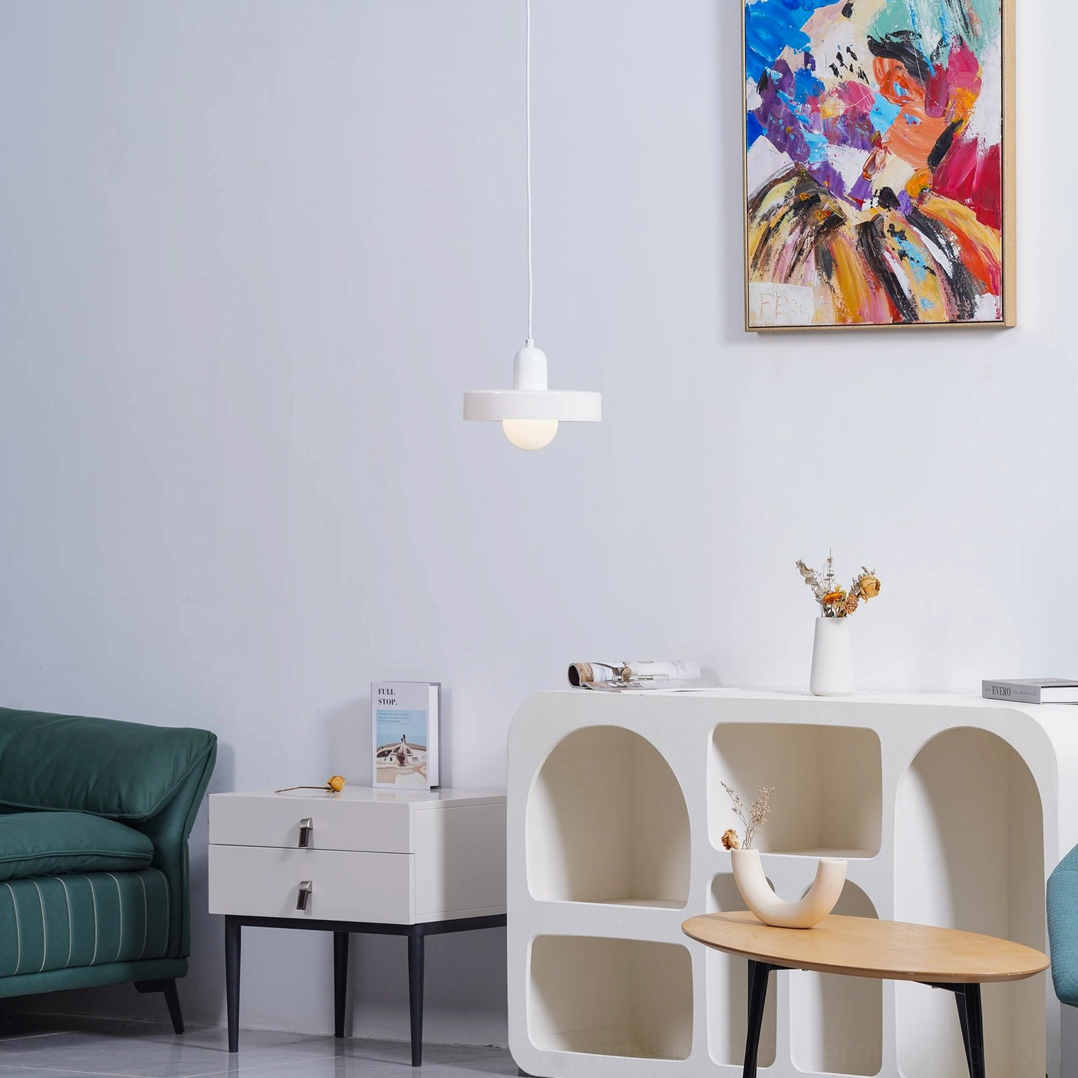 Disc Orb Pendant Light white finish ceiling mount detail