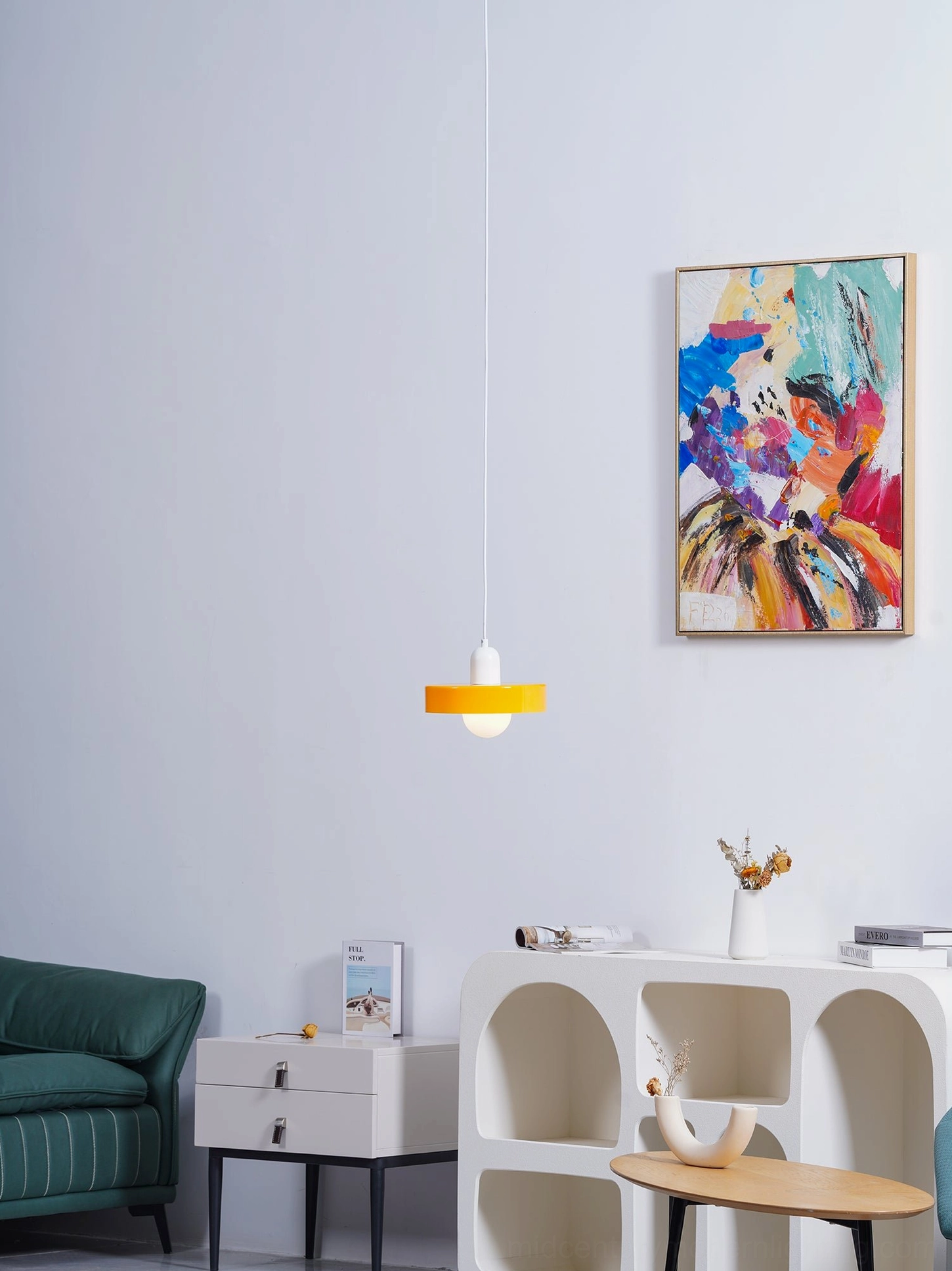 Disc Orb Pendant Light white finish paired above dining surface