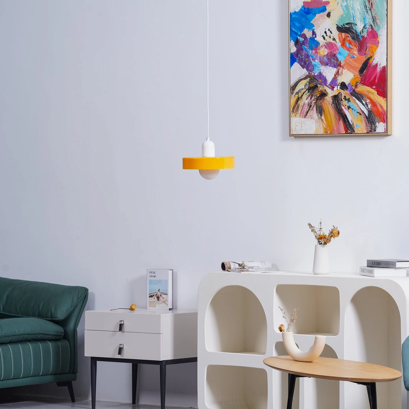 Disc Orb Pendant Light white variant living room setting