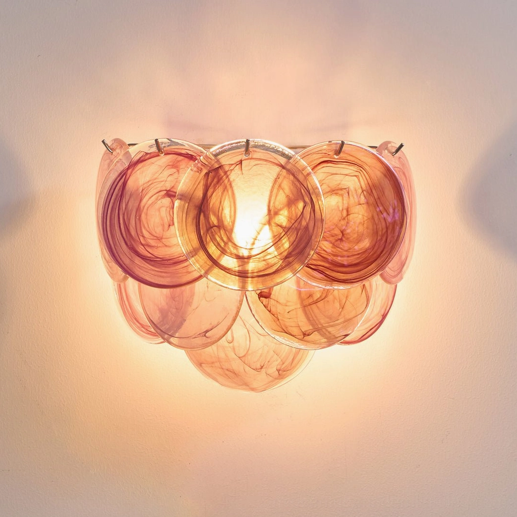 Disc wall lamp color palette showcase, multiple glass disc finish options comparison