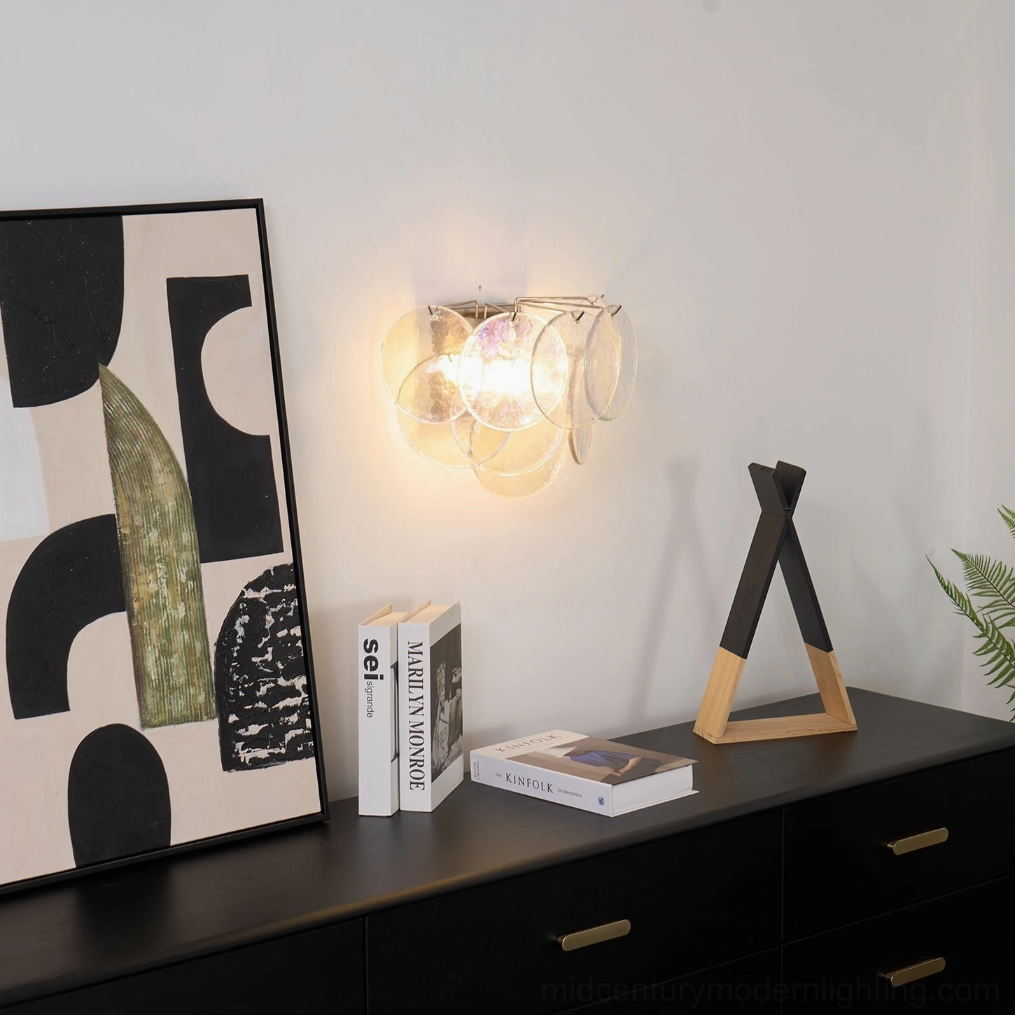 Illuminated disc wall lamp glowing warm light in modern living room ambiance, side wall perspective