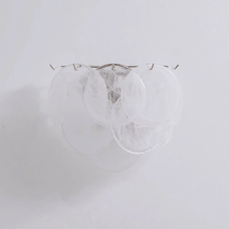 White clouds electroplated disc wall lamp, showing soft diffused glass finish and nickel frame
