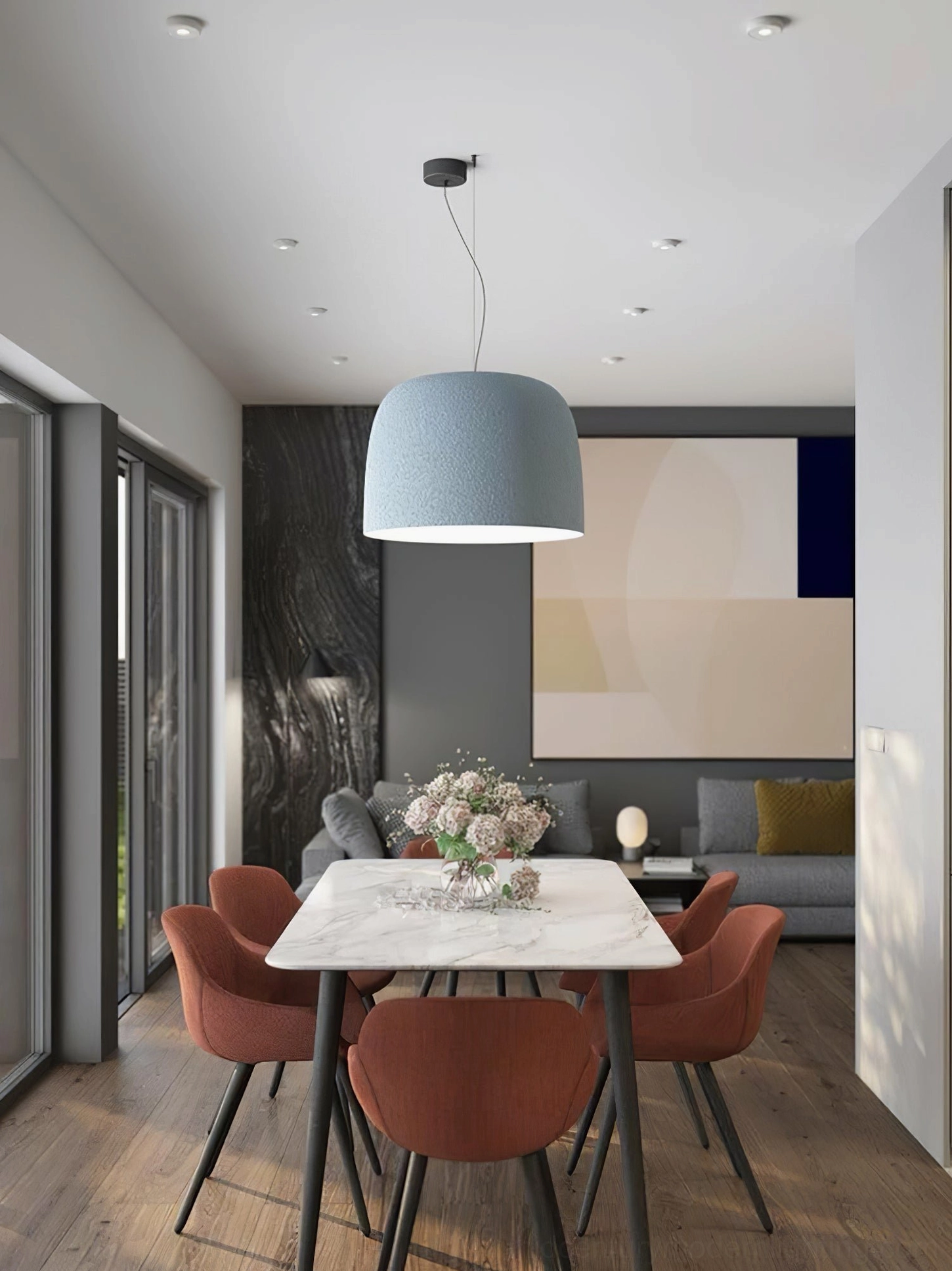 Black Djembe pendant lamp with textured exterior matte finish in contemporary interior setting
