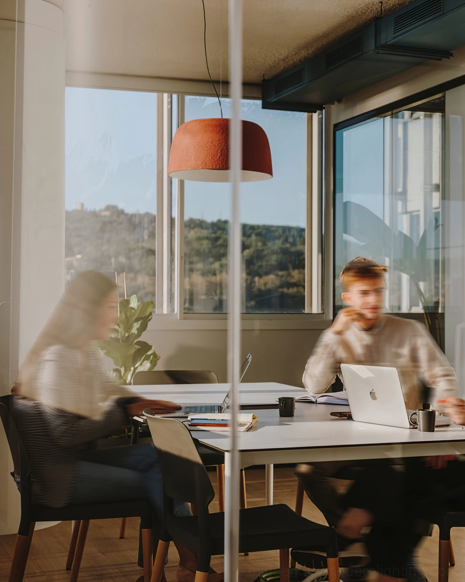 Burgundy Djembe pendant lamp in modern office space with workers at desks and large windows