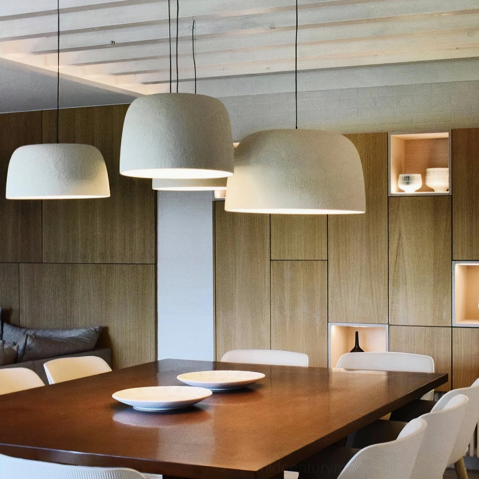 Djembe pendant lamp above kitchen island showing integrated LED technology in use