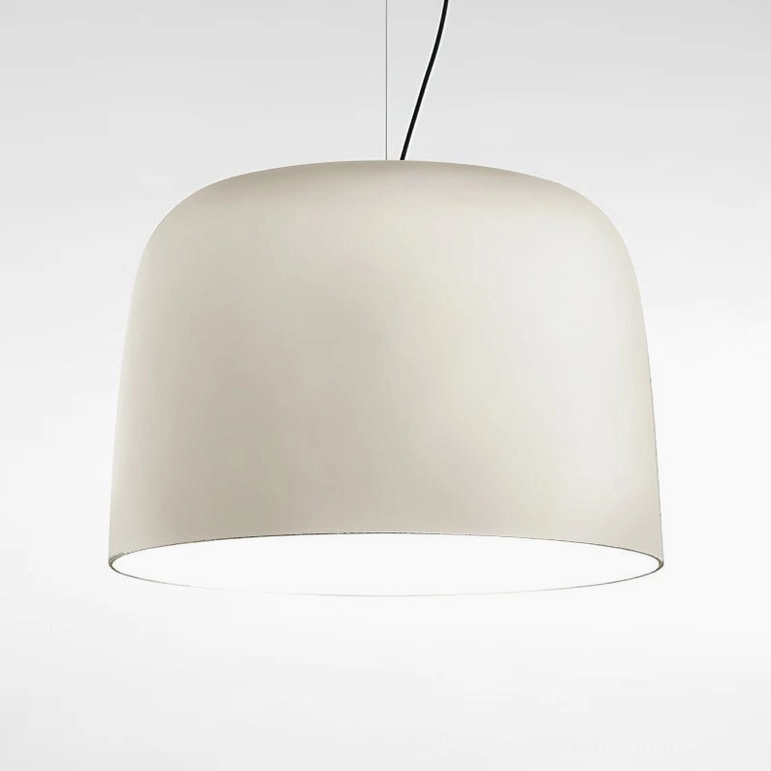 Off-white Djembe pendant lamp with neutral color temperature in minimalist bedroom setting