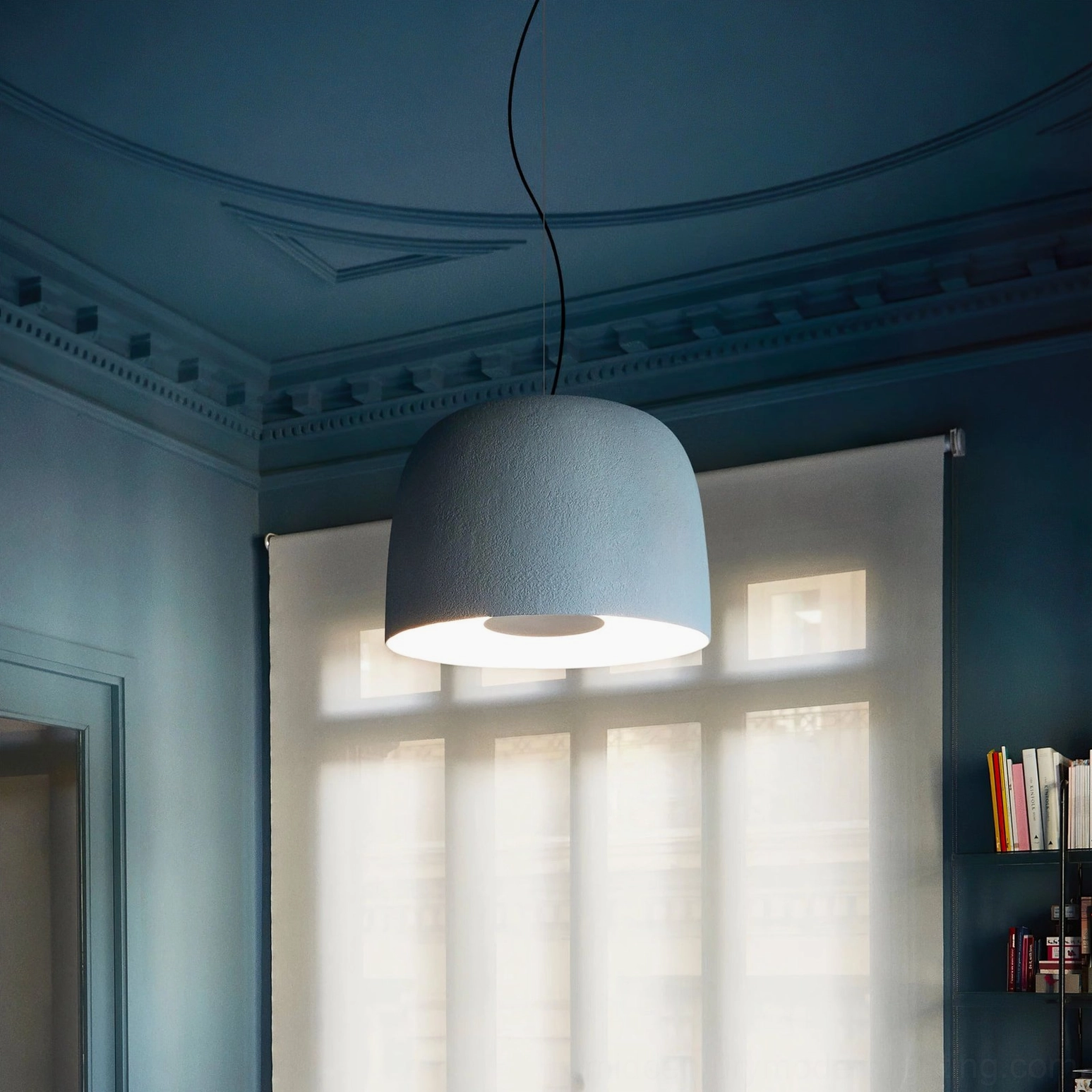 Djembe pendant lamp close-up showing textured stone-like exterior finish and craftsmanship