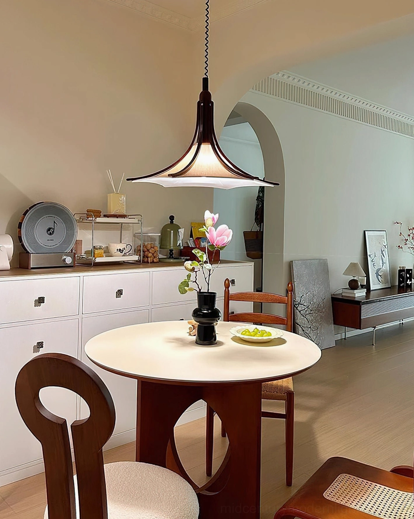 Domus mid-century modern pendant light showing sculptural wooden frame and fabric diffuser detail
