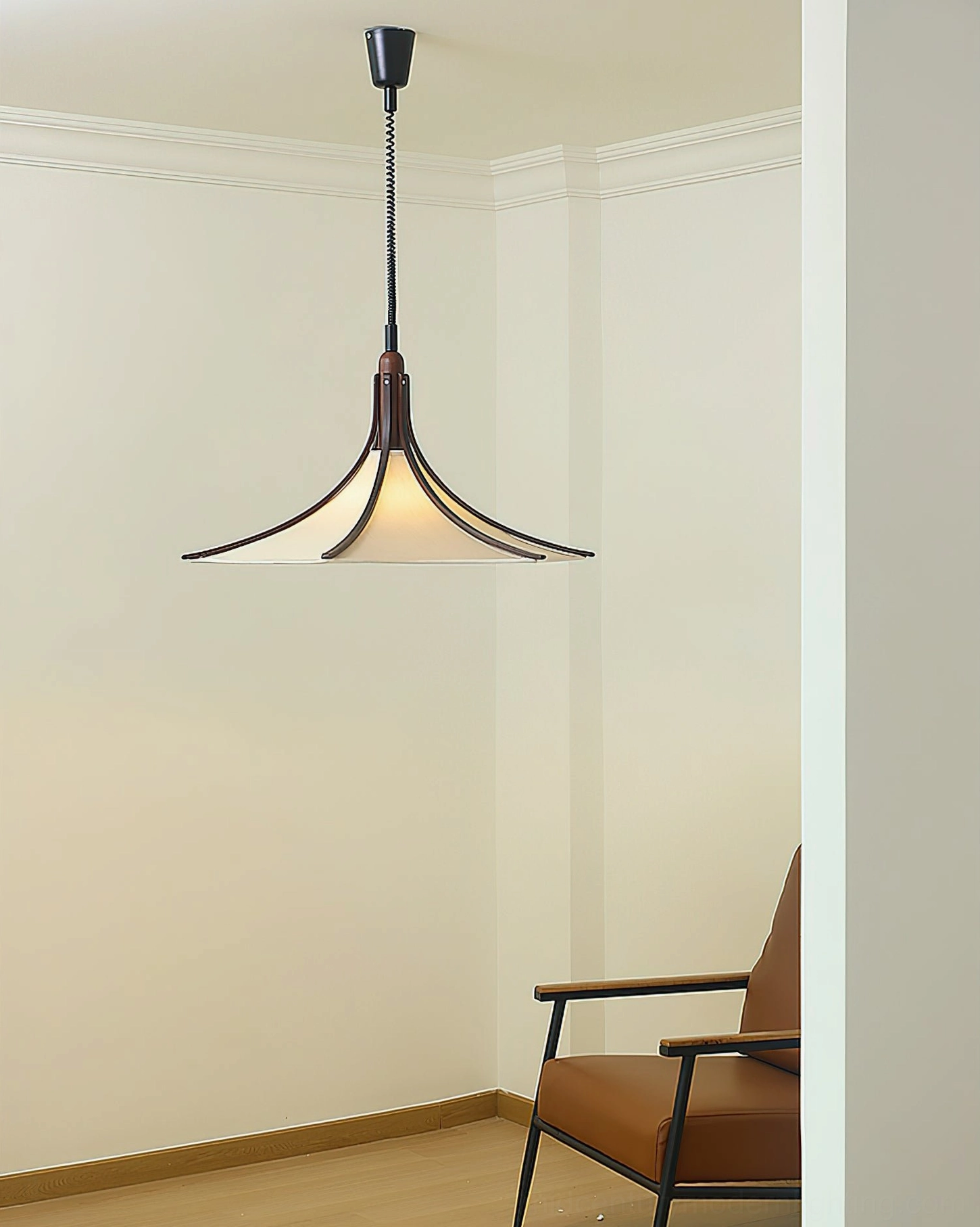 Minimalist retro pendant light design in neutral home lounge space