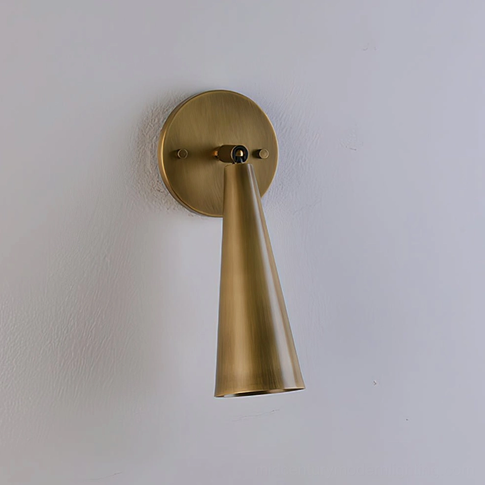 Donna mid-century modern sconce angled side view showing brushed brass finish and joint