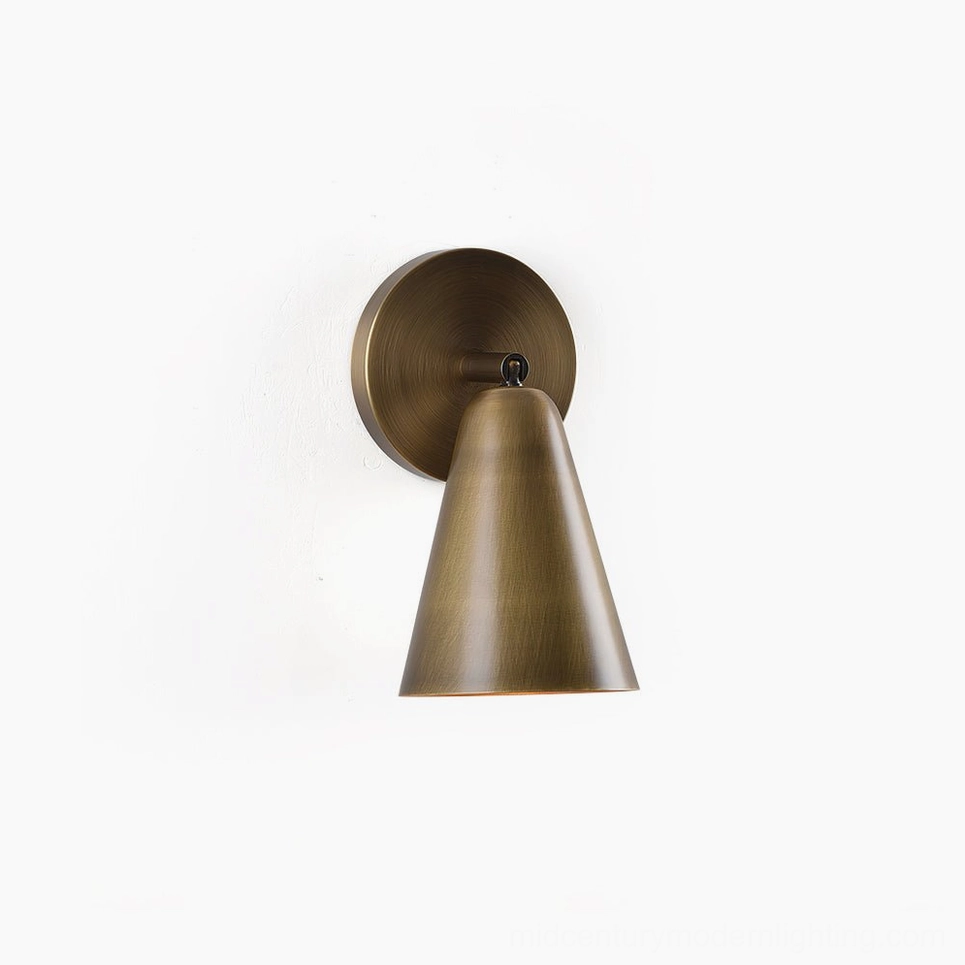 Donna brass swivel wall sconce frontal view with adjustable cone shade on white background