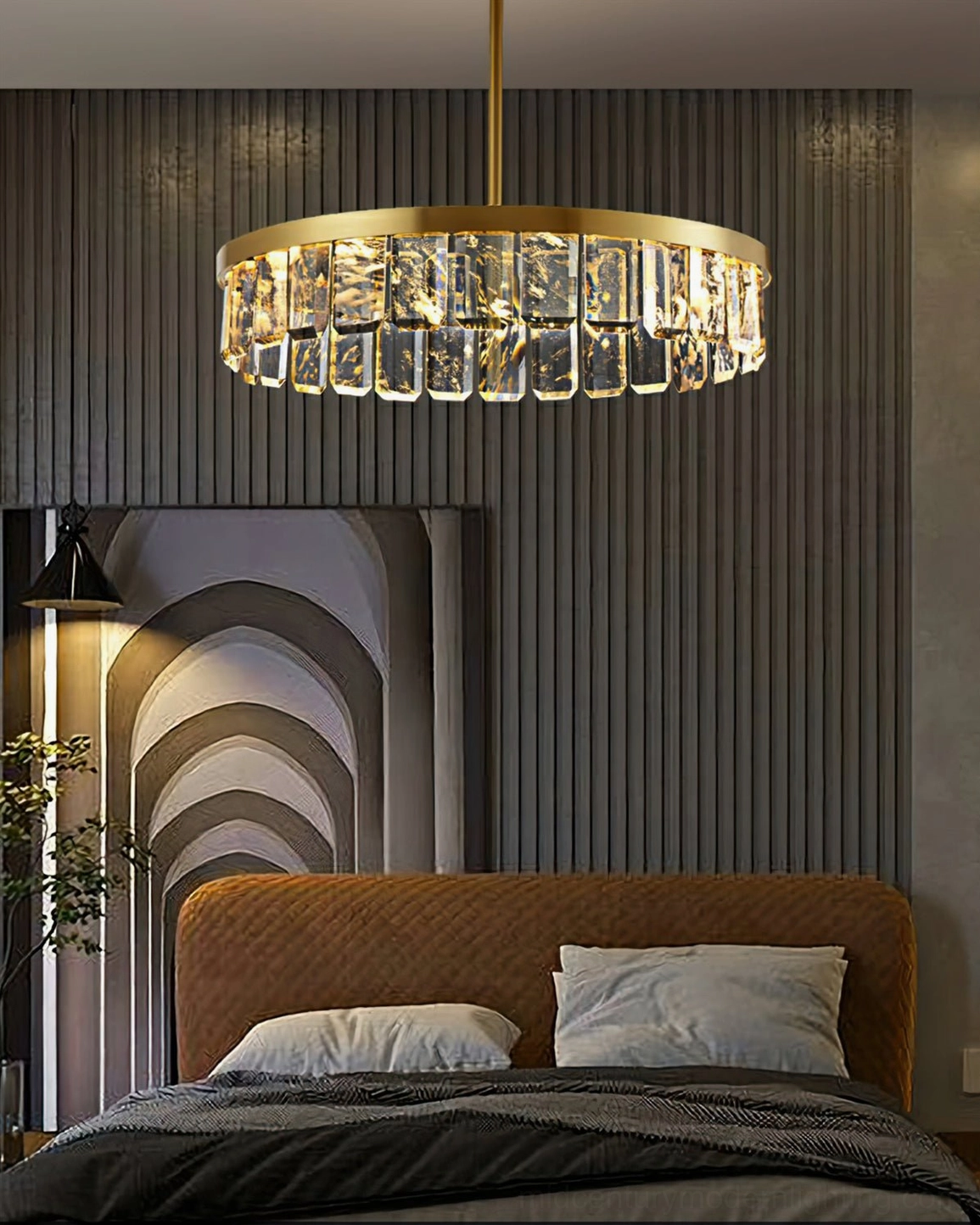 Ceiling-mounted Doria crystal chandelier installation detail with brass canopy and suspension rod