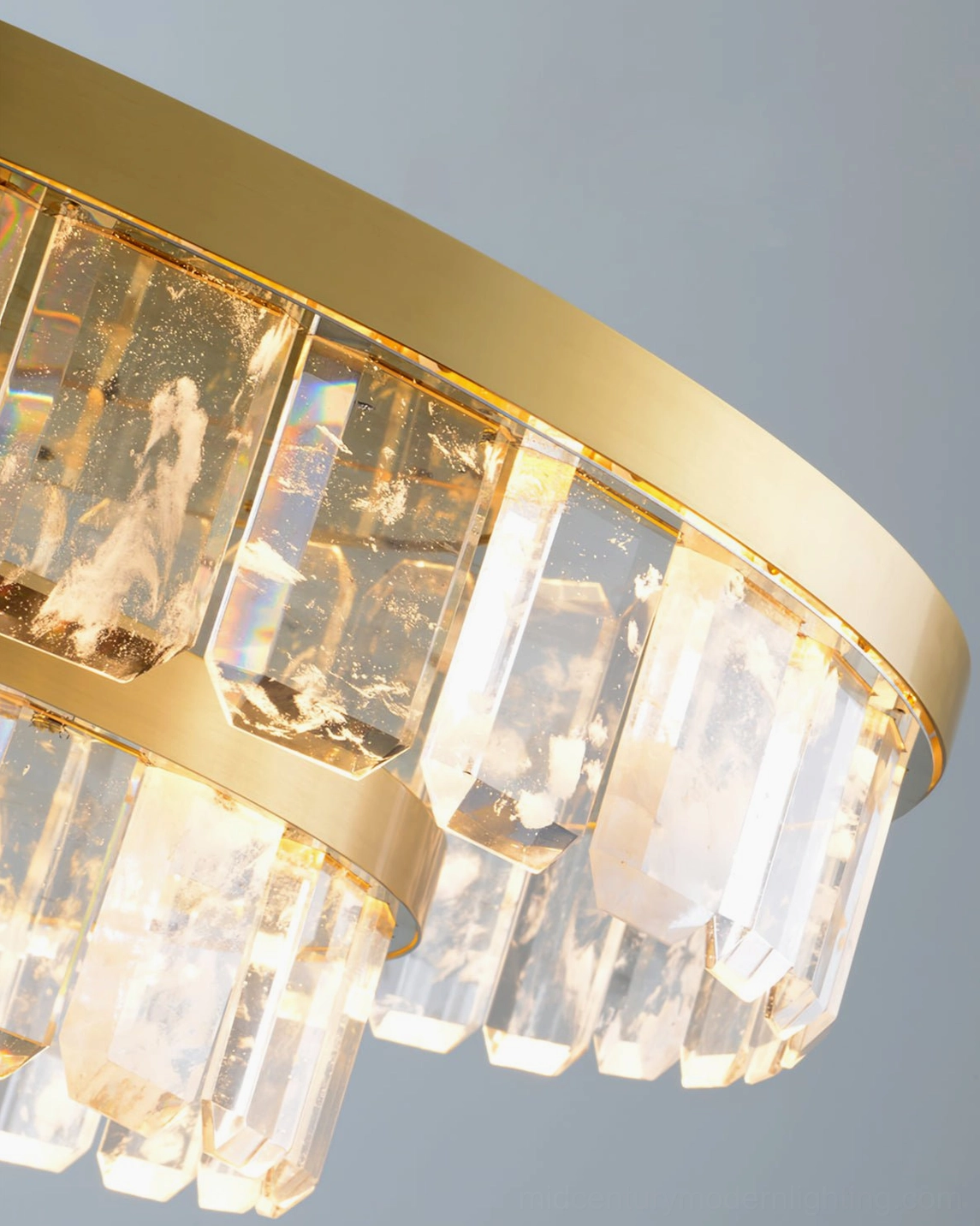 Overhead view Doria crystal chandelier showing layered tier design and crystal distribution pattern