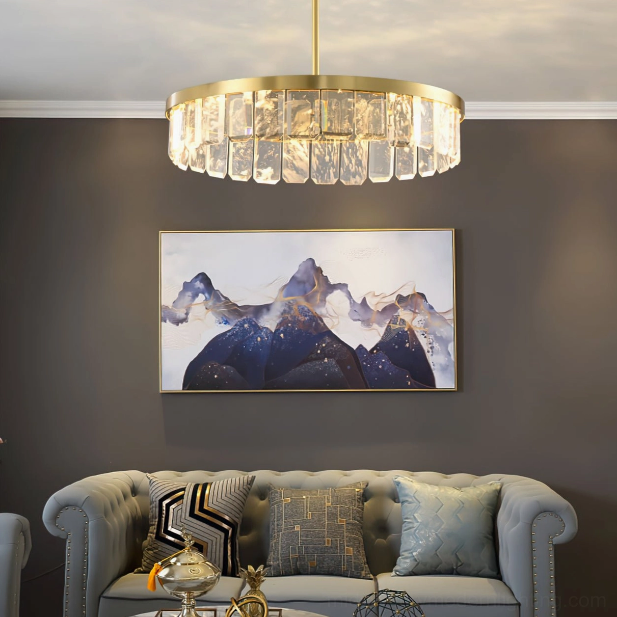 Doria two-tier crystal chandelier bottom view showing faceted crystal pendant arrangement and brass structure