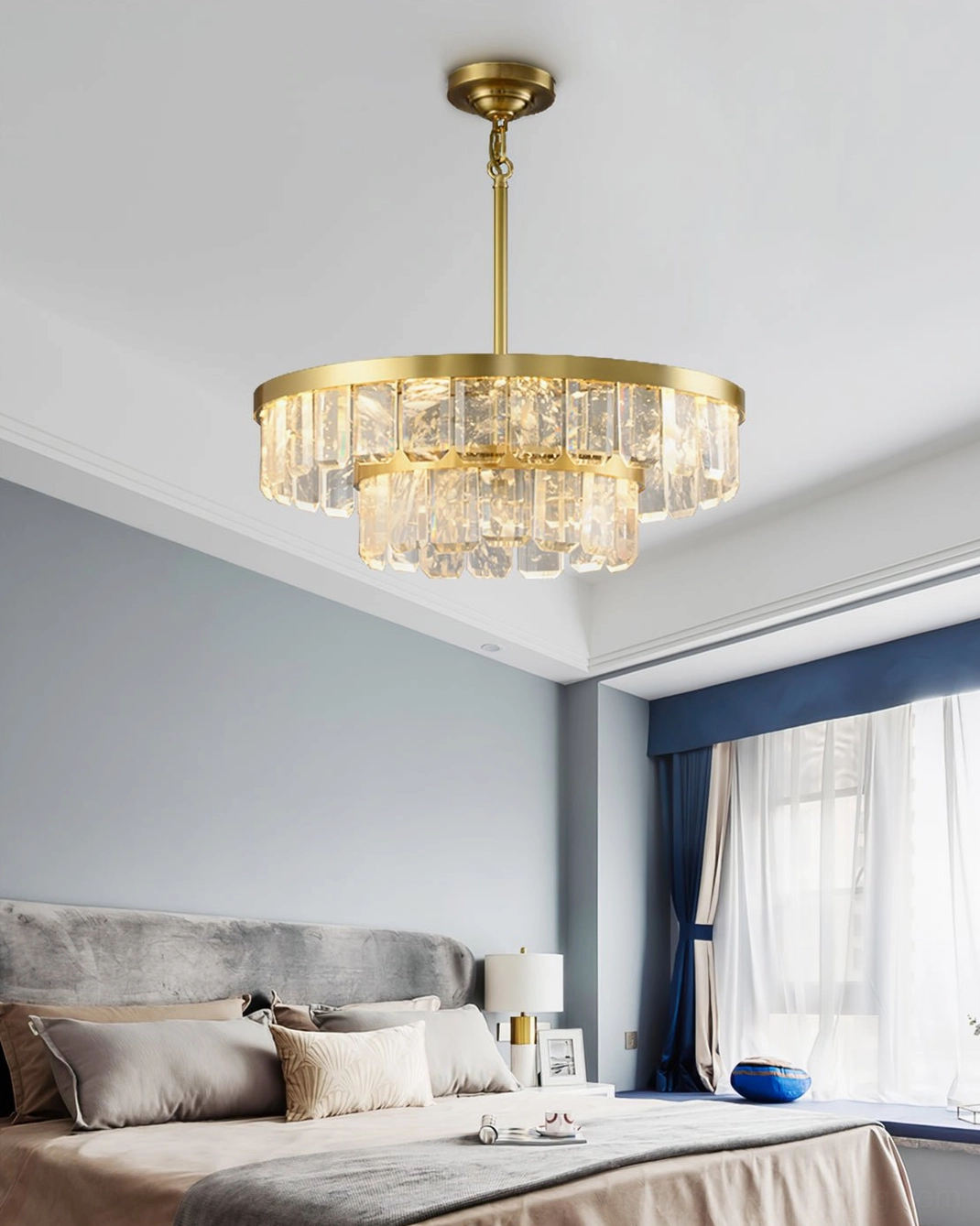Doria modern luxury crystal chandelier full-length view showing tiered crystal suspension and brass framework