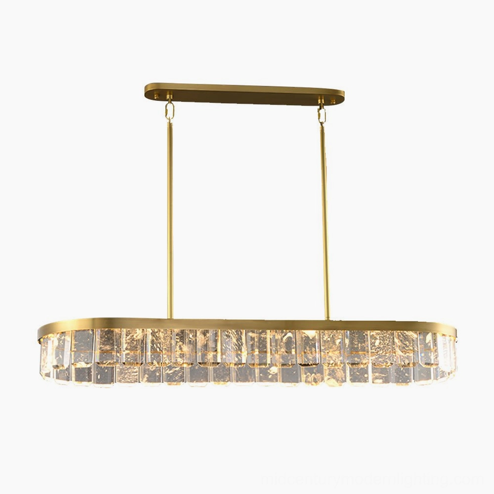 Linear rectangular Doria chandelier large size showing extended length crystal pendant configuration