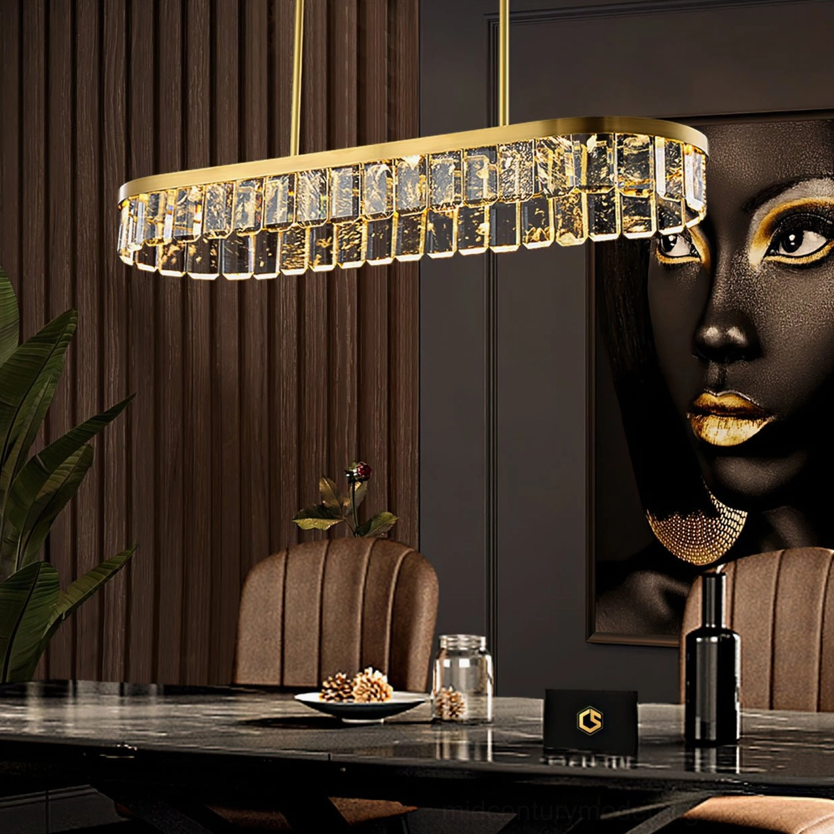 Linear rectangular Doria chandelier with clear crystals and brass trim hanging in high-end dining room