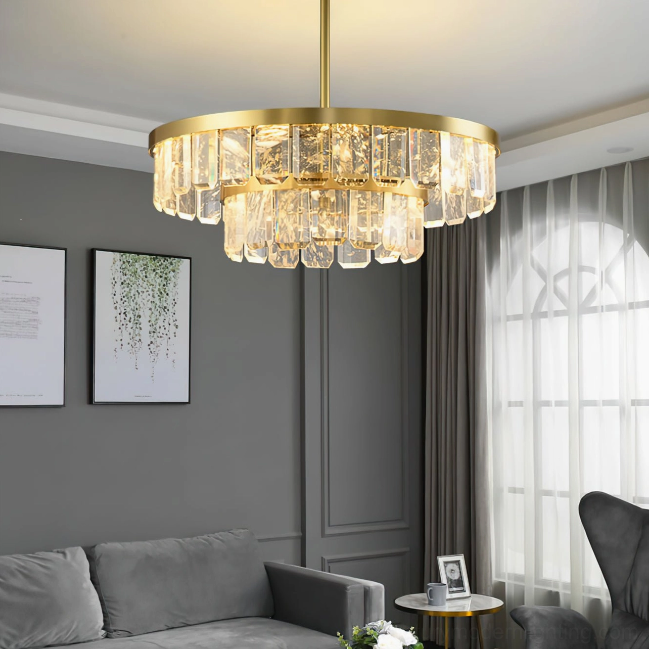 Linear Doria crystal chandelier scale size reference in contemporary modern dining room space