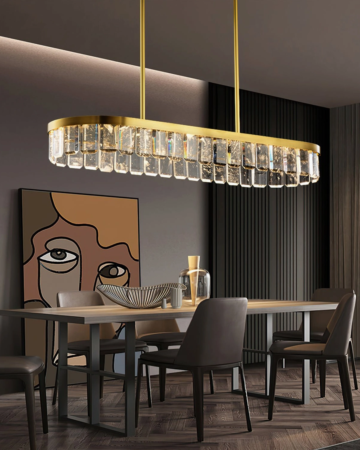 Linear rectangular Doria crystal chandelier in modern minimalist dining space with contemporary furnishings