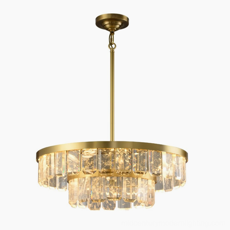 Two-tier round Doria crystal chandelier showing stacked configuration and detailed crystal faceting
