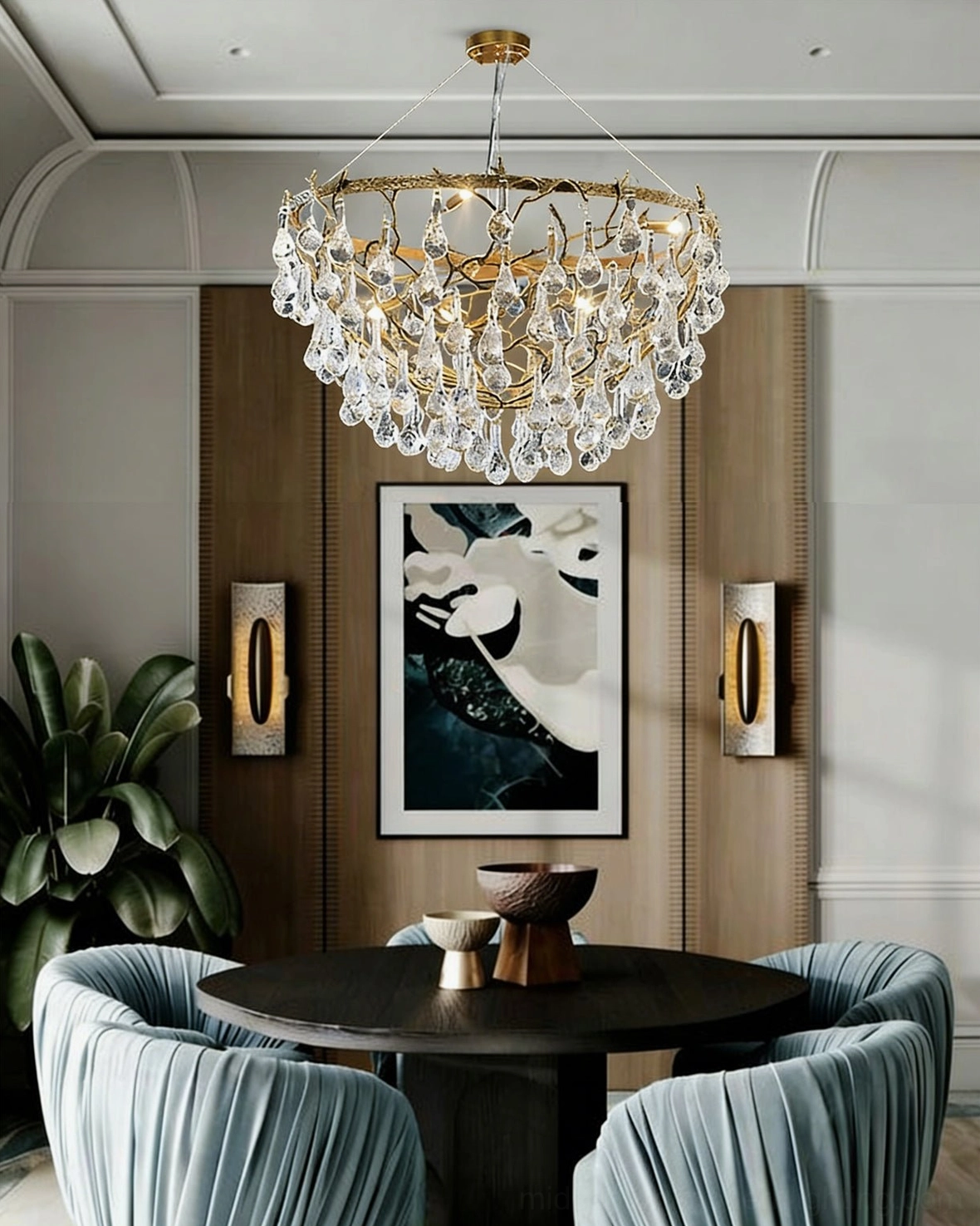 Doris crystal chandelier installed above formal dining table in luxury home with coordinated interior design and ambient illumination