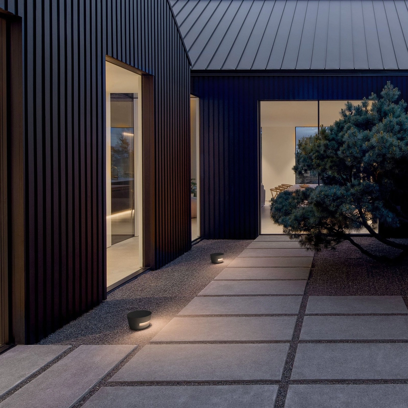 Dots low-profile lamps in tropical garden bed - warm glow hidden among foliage for landscape ambiance