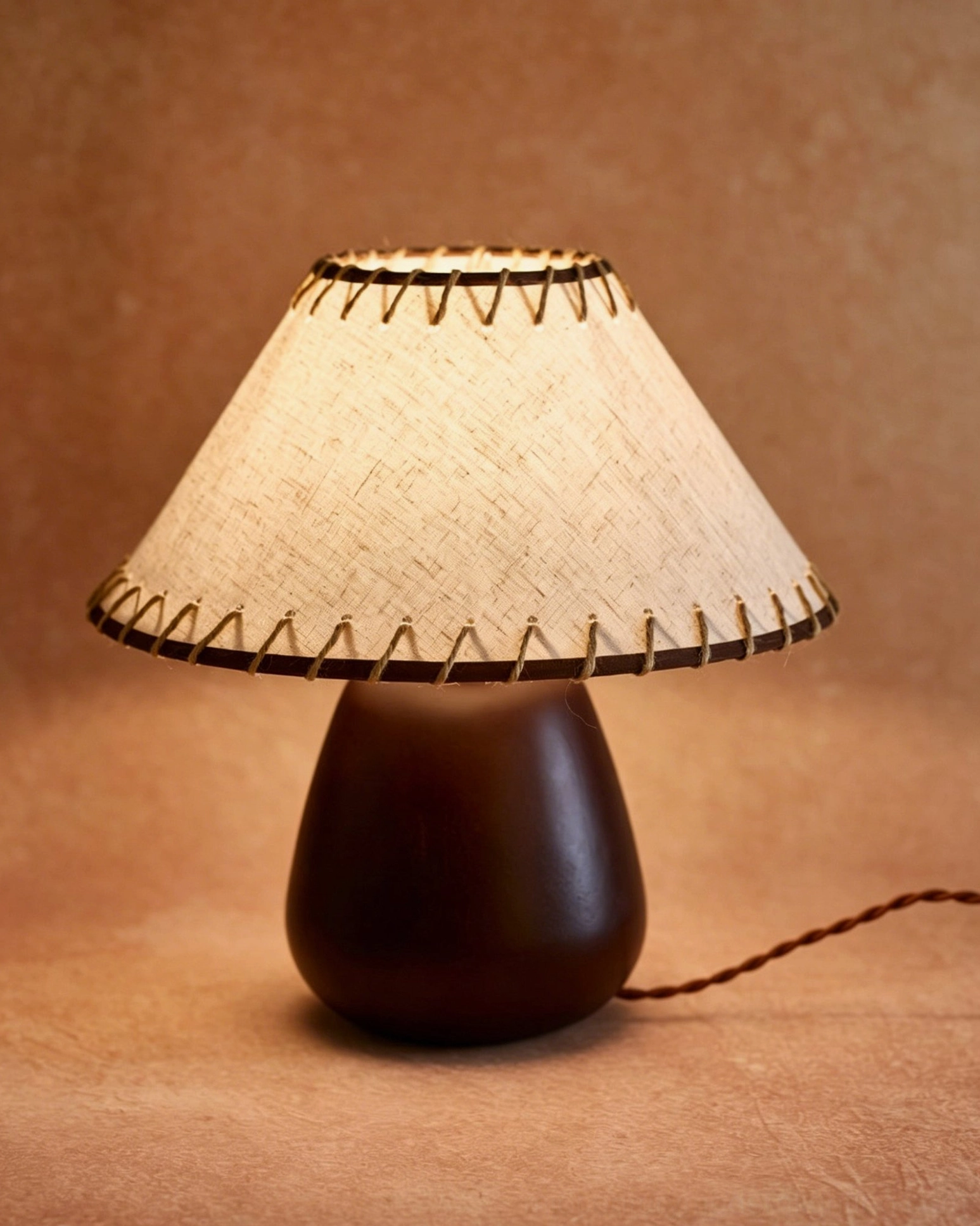 Lit Douglas walnut lamp creating soft warm ambient lighting atmosphere on table surface