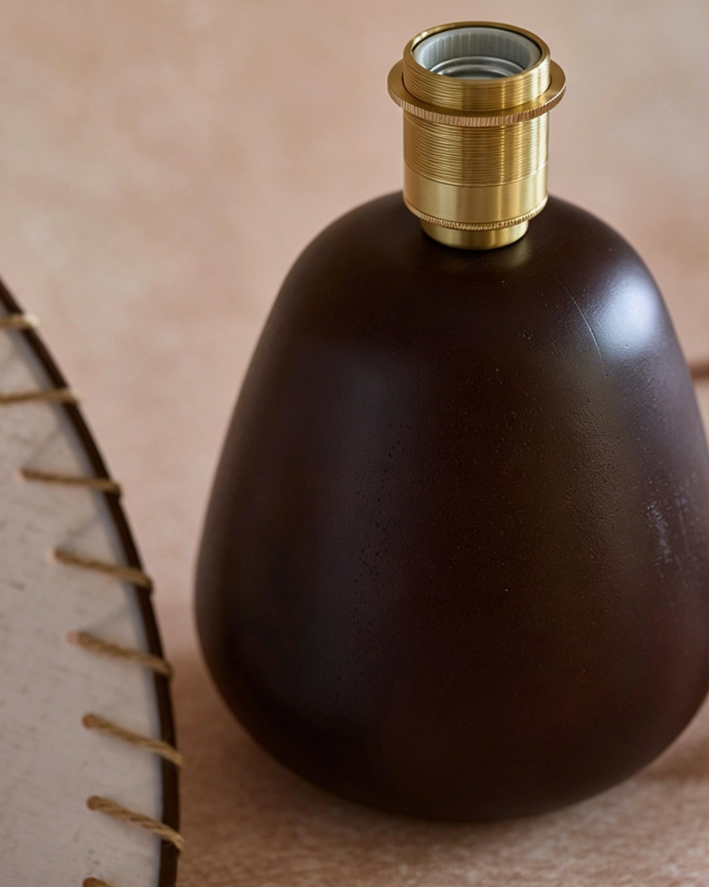 Full view of unlit Douglas walnut table lamp showing complete proportions and linen shade design
