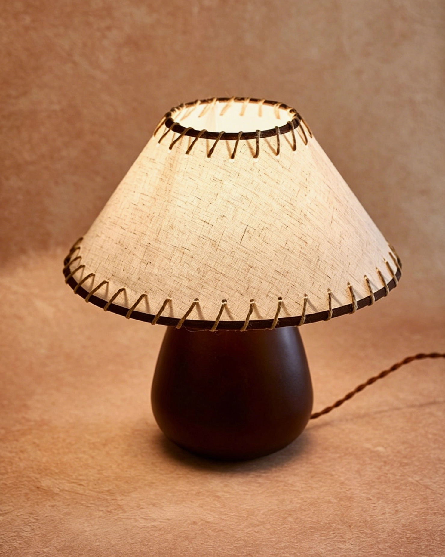 Lit Douglas walnut table lamp glowing warm light through beige linen shade, ambient evening setting