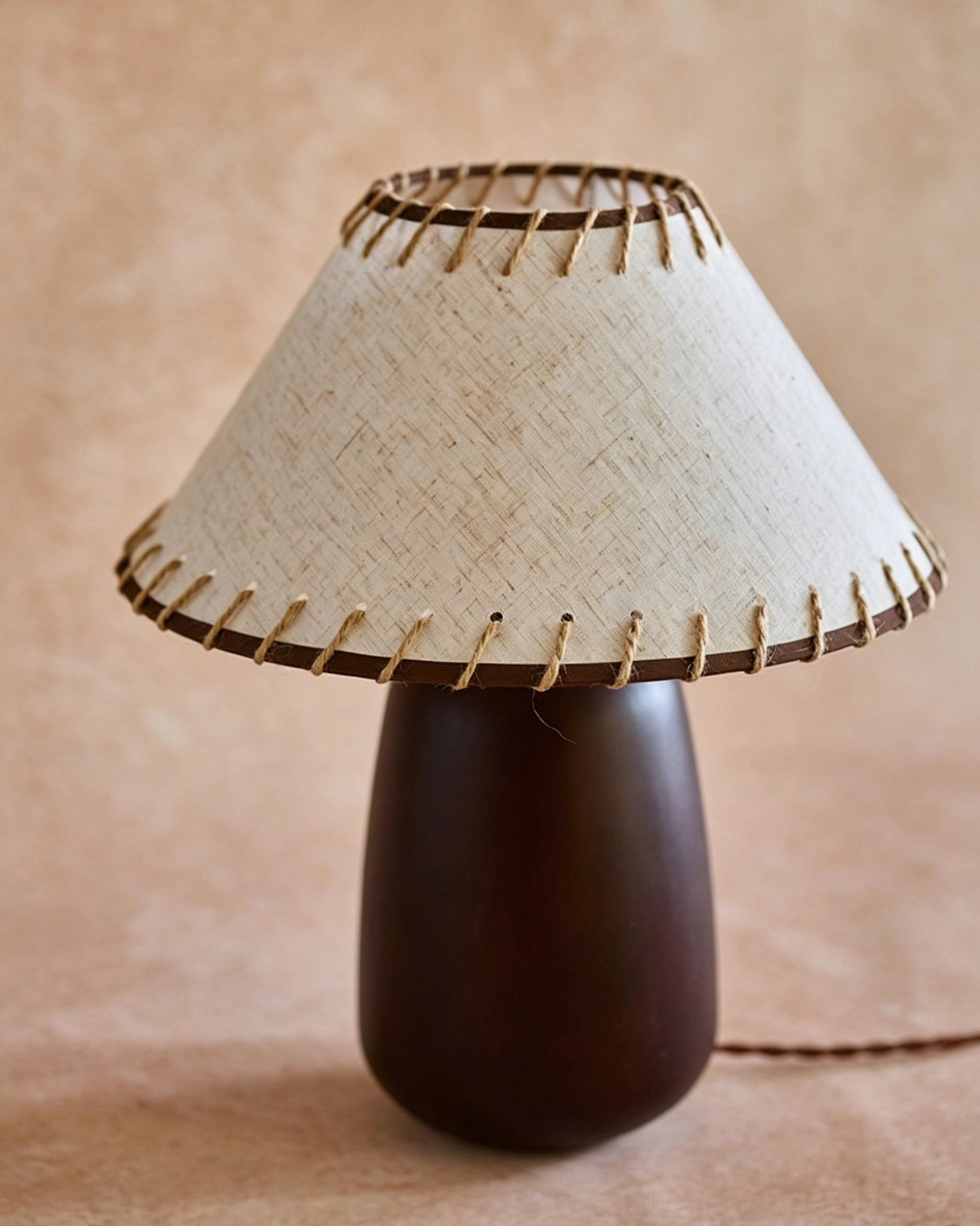 Douglas walnut table lamp side view highlighting whipstitch trim border on linen shade