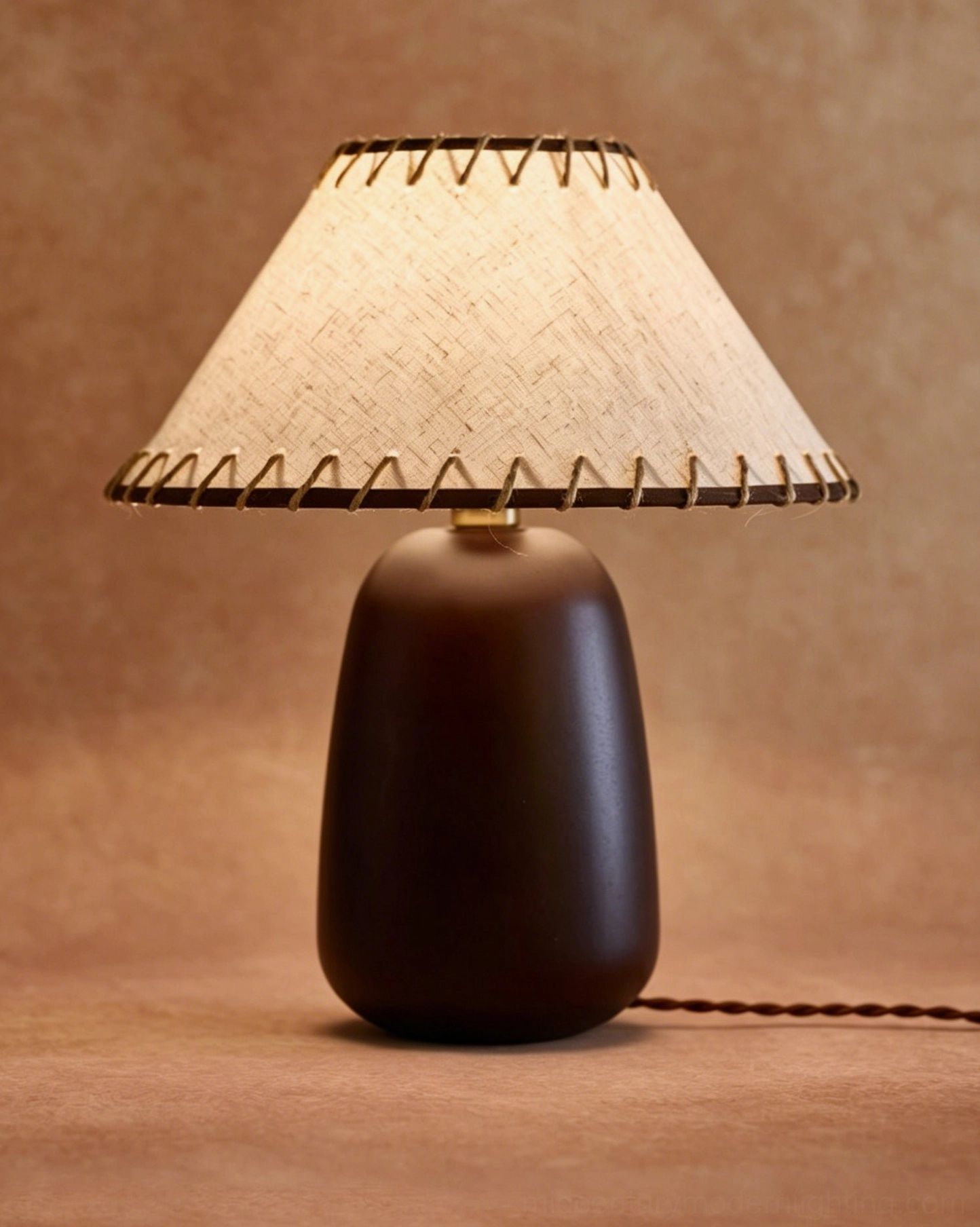 Douglas walnut table lamp detail shot on warm matte surface highlighting wood grain and finish