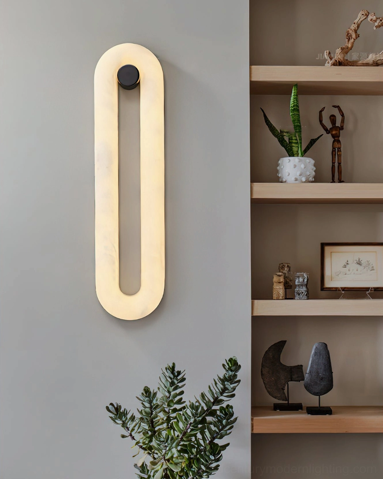 Dromo alabaster wall lamp in modern home interior, shelf display corner with contemporary decor