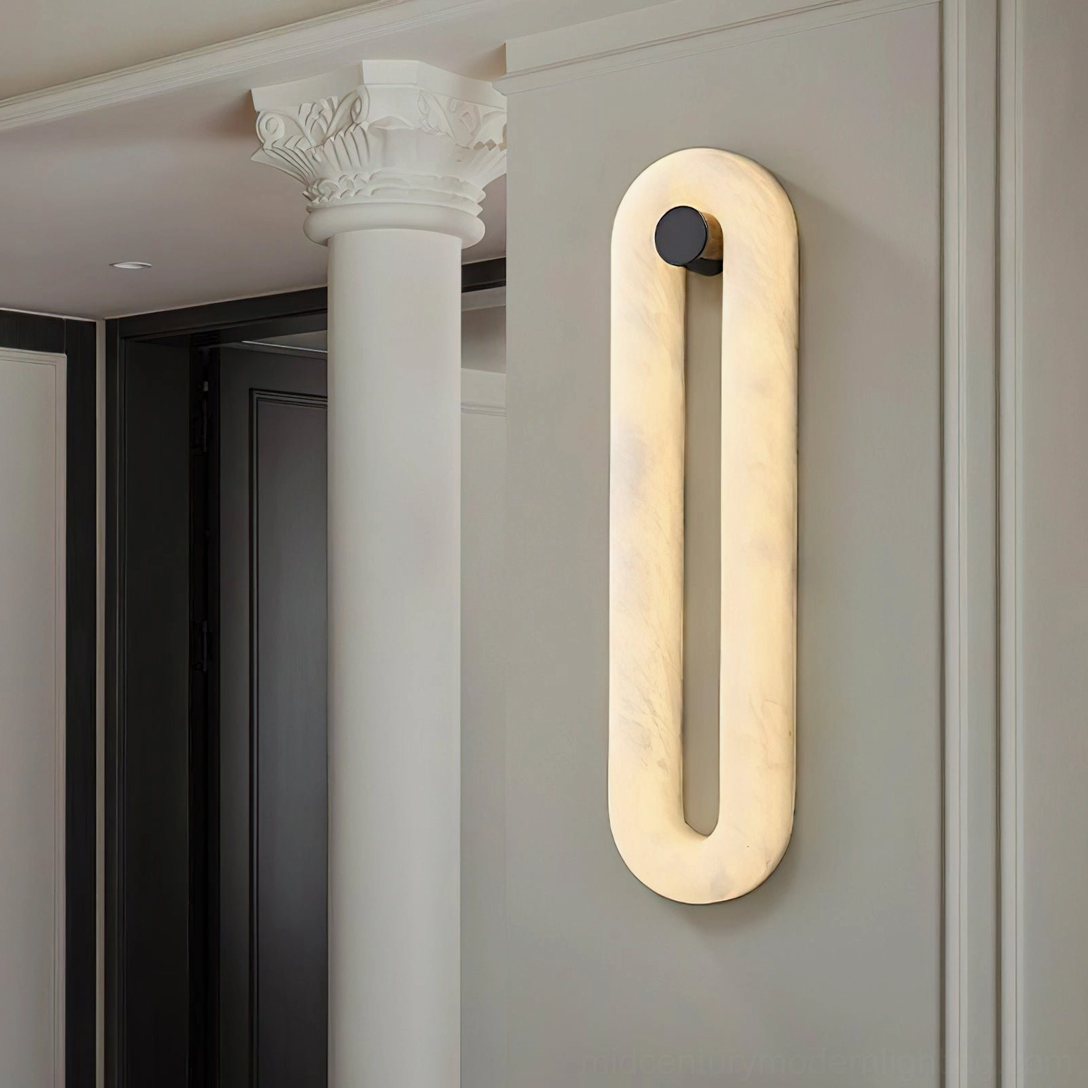 Dromo alabaster wall lamp in neoclassical entryway with roman column architectural details