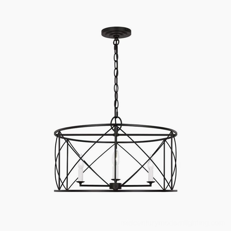 Matte black drum cage chandelier with 3 candle bulbs in open geometric metal frame, three-quarter overhead studio view