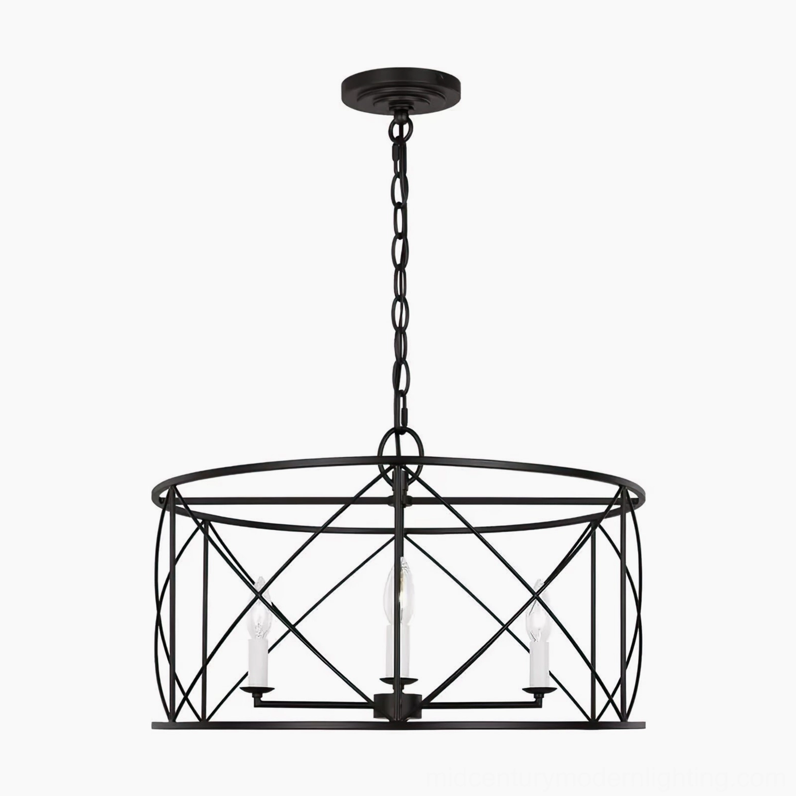 Matte black drum cage chandelier with 3 lit candle-style bulbs and minimalist cylindrical metal cage structure, overhead angle