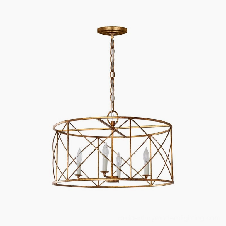 Distressed gold drum cage chandelier with thin metal lattice frame and 4 candle bulbs, geometric pattern casting shadows, overhead view