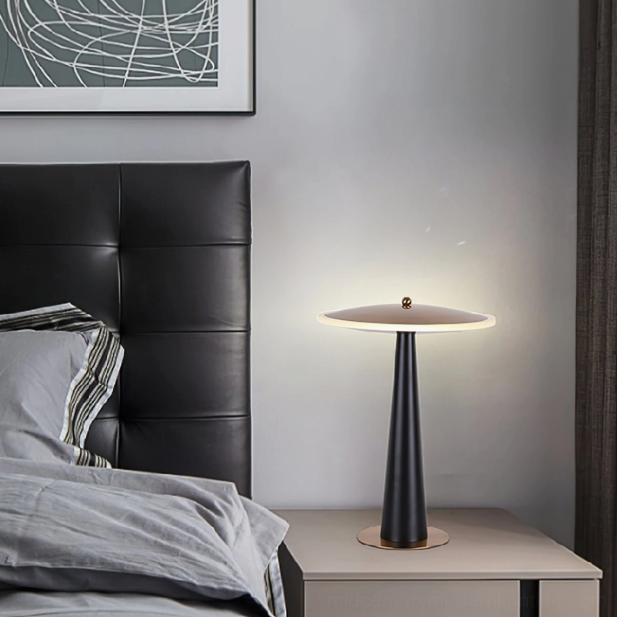 Compact disc lamp providing focused bedside lighting in modern bedroom interior