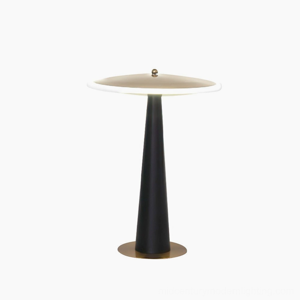 Drums table lamp full view showcasing black matte finish pole and gold metal base design