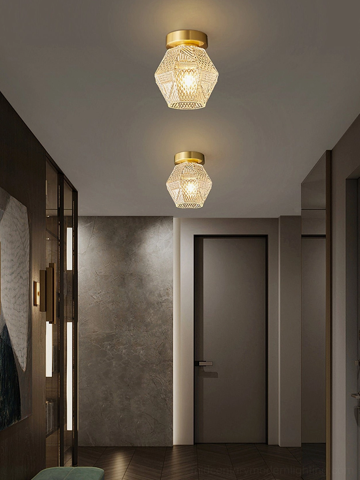 Pair of brass Art Deco pendant lights in contemporary residential hallway corridor
