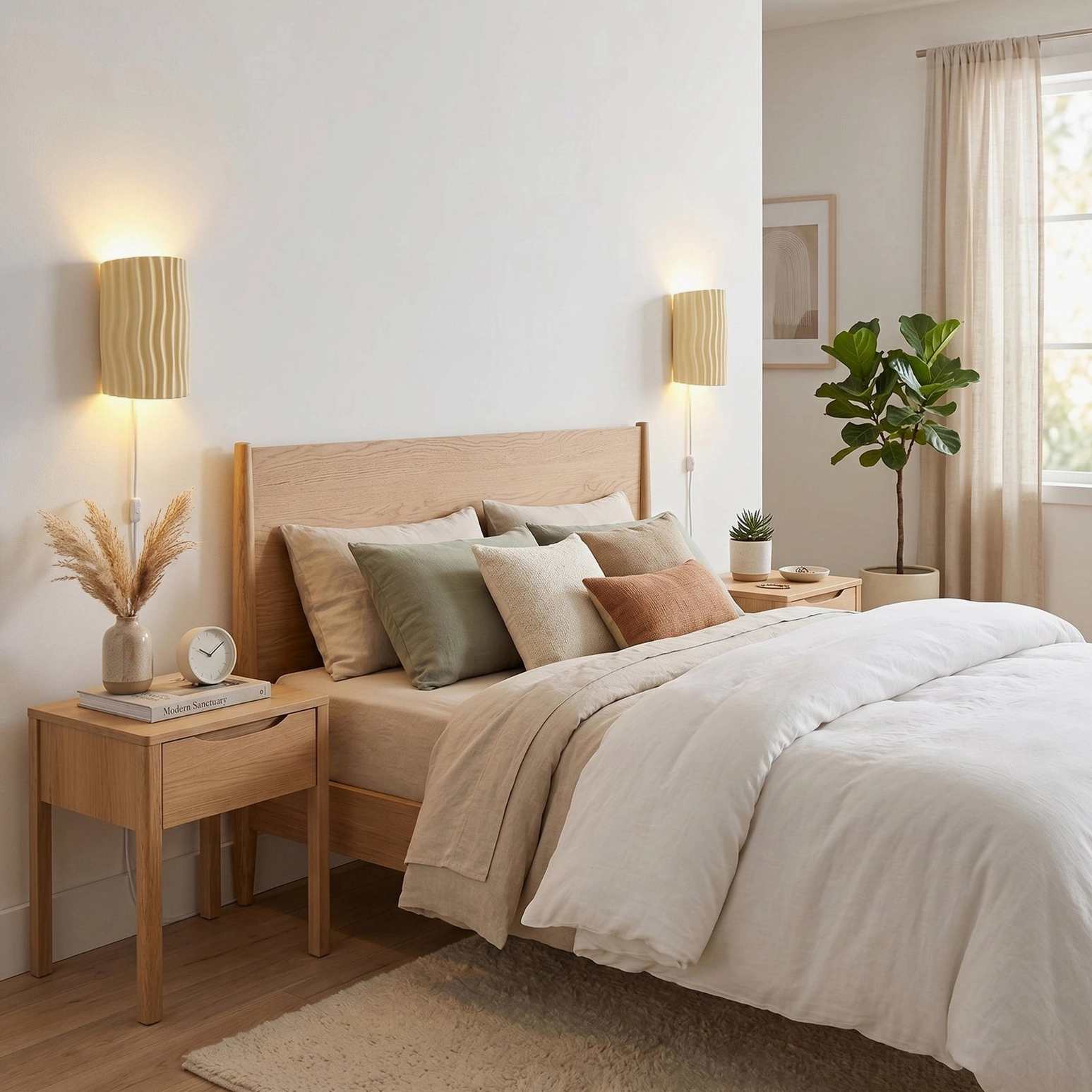 Dual pleated sconces flanking upholstered headboard in warm wooden bedroom with neutral linens and soft furnishings