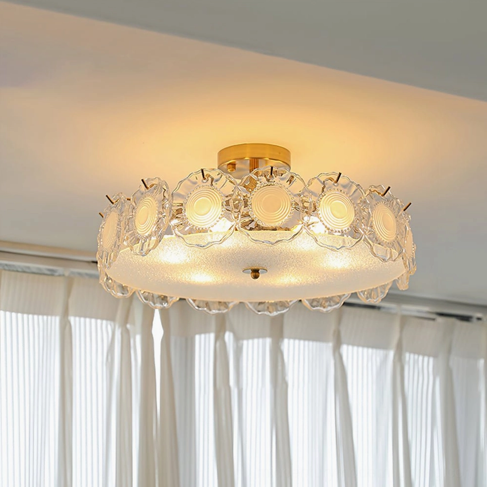 Dual layer textured glass ceiling lamp with brass finish demonstrating layered design and visual depth