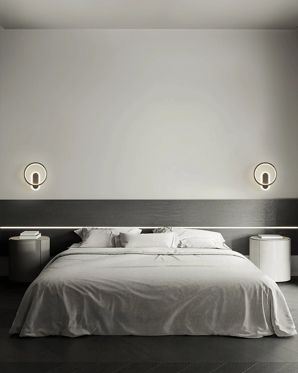 Paired mini round wall sconces modern master bedroom interior design ambient lighting