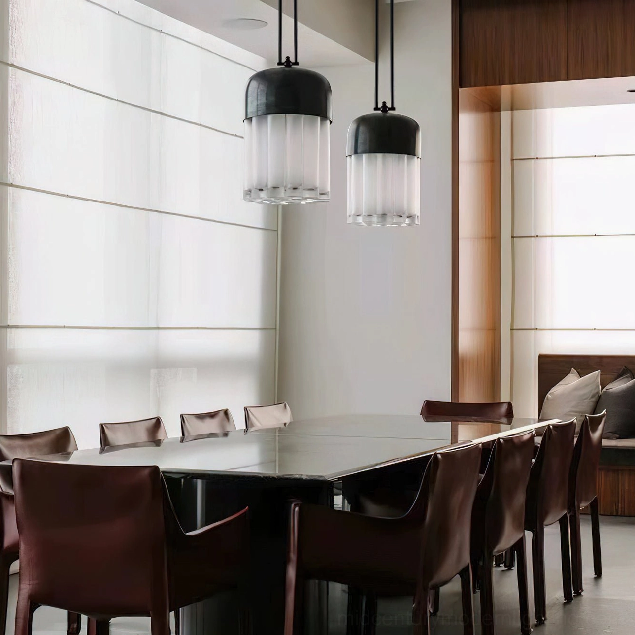 Twin pendant lights in contemporary dining room, wide-angle architectural shot featuring dual fixtures in minimalist space