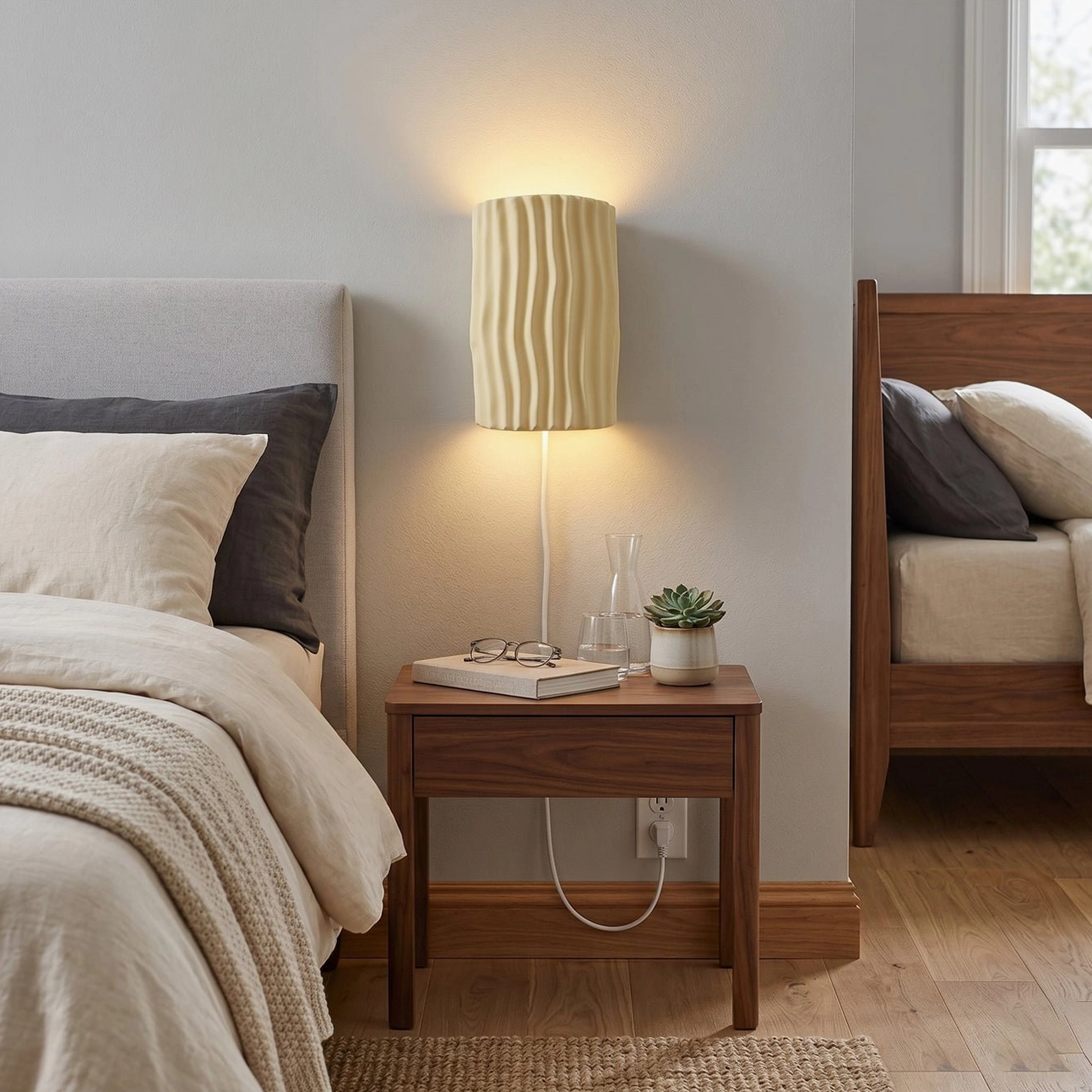 Pair of pleated resin wall sconces flanking bed headboard in rustic cottage bedroom with wooden furniture
